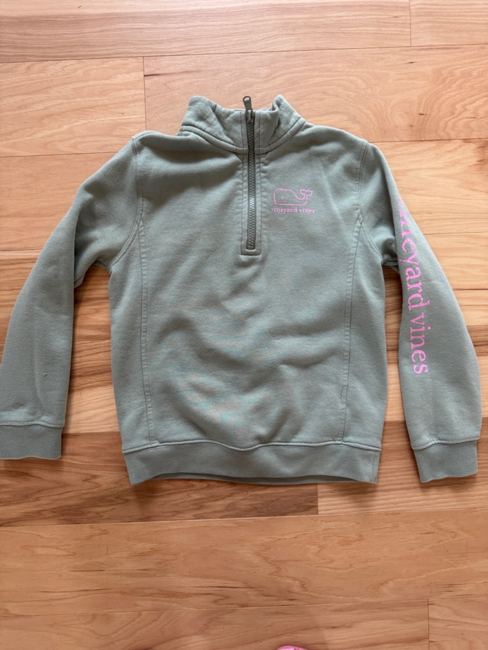 Vineyard Vines Olive Green Half-Zip Pullover with Pink Logo, small (7-8)